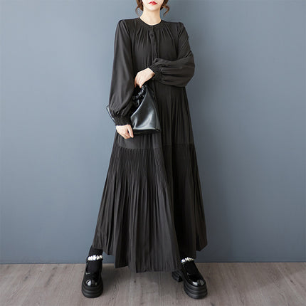 Real shot spring and autumn new dark style solid color long sleeve dress pleated loose fashion plus size women's dress dress