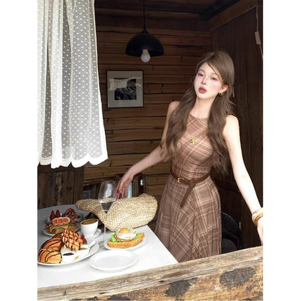 Vacation Style Contrasting Plaid Sleeveless Dress for Women, Summer Elegant Lady A-Line Skirt, Waist Slimming Look Long Skirt
