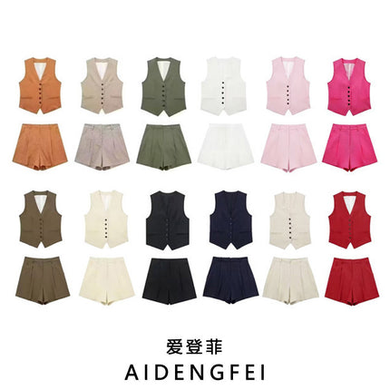 European and American 2023 New Fashion Women's Blended Vest Vest 7747356 High Waist Casual Shorts 7748356 Trendy