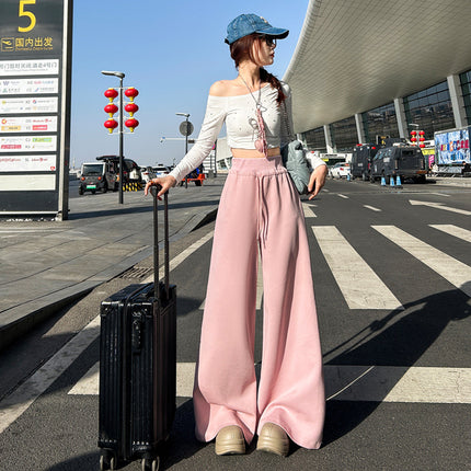 Casual Lazy Style American Retro Loose Wide-Leg Pants with Drape Drawstring Straight-Leg Casual Pants for Women in 3 Colors & Extended Length