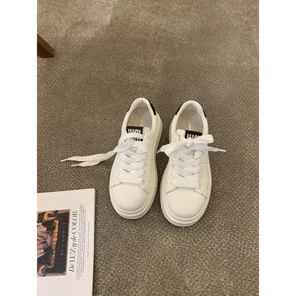 Cowhide Version~Haonianhua Women's Shoes, Classic Round-Toe Thick-Soled Height-Increasing Lace-Up White Sneakers, Versatile College-Style Sneakers for Women