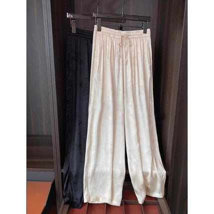 High-End Surplus Satin Drape Acetate Wide-Leg Pants for Women, Loose White Jacquard Straight-Leg Ice Silk Trousers