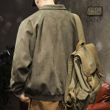 Gray green suede lapel baseball uniform men's loose spring and autumn heavy American casual jacket jacket top