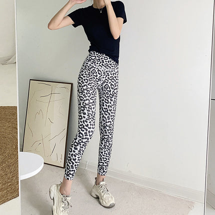 Yoga hot cross-border women's high waist belly contracting tight leopard print hip lifting fitness running sports cropped pants