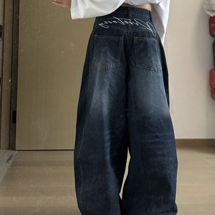 Strawberry Bear Classmate American Retro Dark Blue Letter Print Jeans Scimitar Wide-Leg Floor-Length Pants for Women