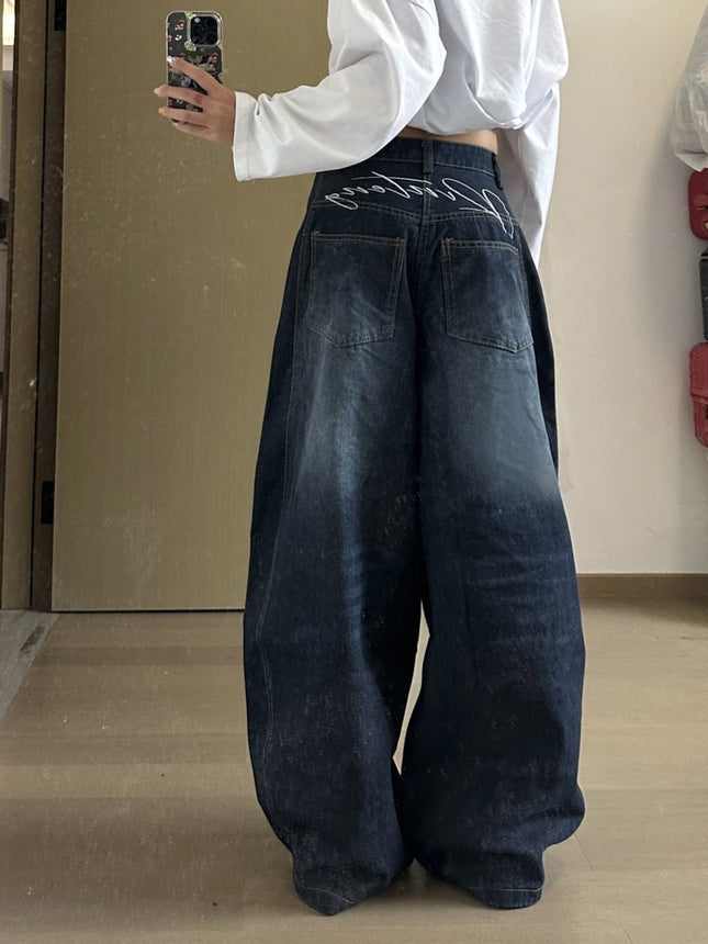 Strawberry Bear Classmate American Retro Dark Blue Letter Print Jeans Scimitar Wide-Leg Floor-Length Pants for Women