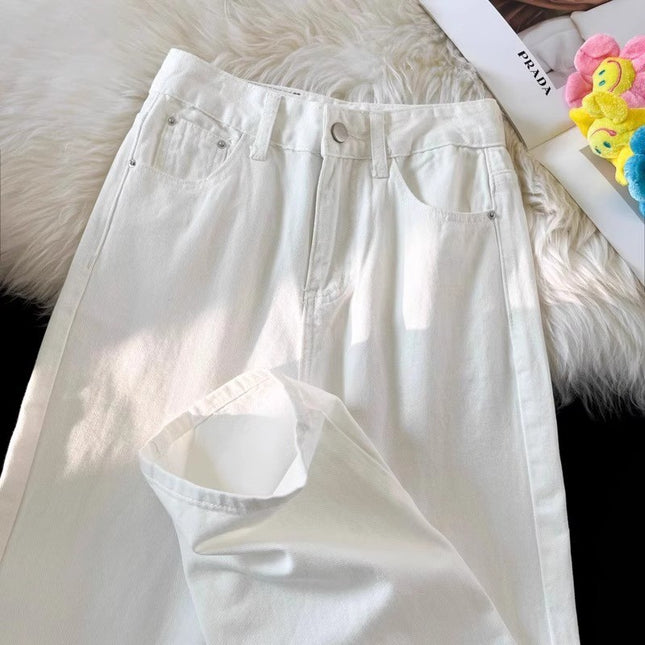 White Wide Leg Jeans Women's Autumn Trendy All-match New High Waist Slimming Loose plus size Floor-length Straight Pants