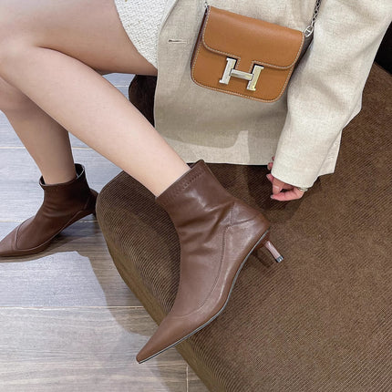 2025 Spring and Autumn New Retro Patchwork Pointed Toe Short Boots Women's Autumn New Soft Leather Kitten Heel Stretch Slim Boots