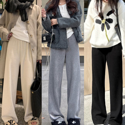 2025 New Korean Style Fine Ribbed Drape Straight-Leg Wide-Leg Pants for Women, Autumn and Winter Casual White Fleece-Lined Knit Pants