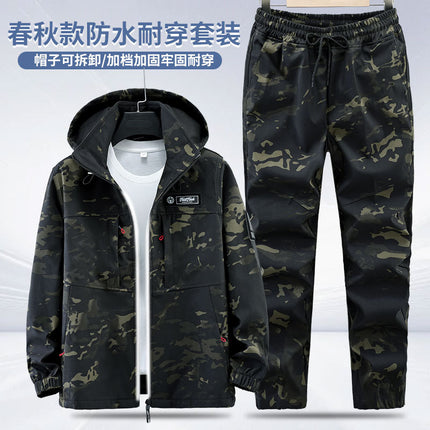Spring and Autumn Jacket Suit Men's Waterproof Work Clothes Work Clothes Labor Protection Clothing Windproof Camouflage Clothing Hooded Training Clothing Outdoor