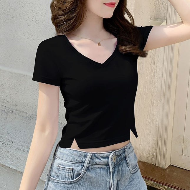 V-neck Black t-shirt Women's Short-sleeved 2024 New Summer Small Slim Short Bottoming Shirt top trendy
