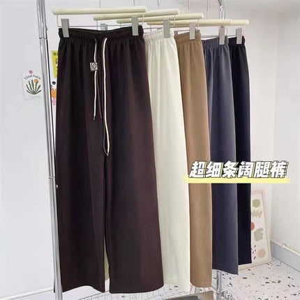 Ultra-Fine Smiley Face Drawstring Pants for Women Straight Casual Corduroy Wide-Leg Pants 2025 Autumn and Winter Drapey Floor-Length Pants
