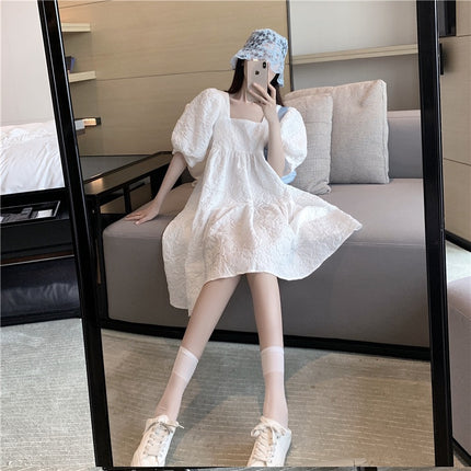 Cream Puff Princess Dress Summer Season Girl Puff Sleeve Waist White French Square Neck Elegant dress Children
