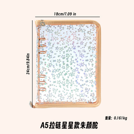 Japanese A5 Transparent Loose-leaf Black Glitter Zipper 6-hole Notebook Ins Style Star Chaser Ledger PVC Case
