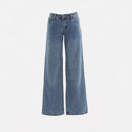 Retro Washed Wide-Leg Jeans for Women, Autumn New Low-Waist Straight Loose Design, Slimming Floor-Length Pants