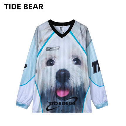 American-style Casual Couple Sports Mesh T-shirt V-neck Three-dimensional Cute Dog Print Retro Color Contrast Long Sleeve for Men and Women