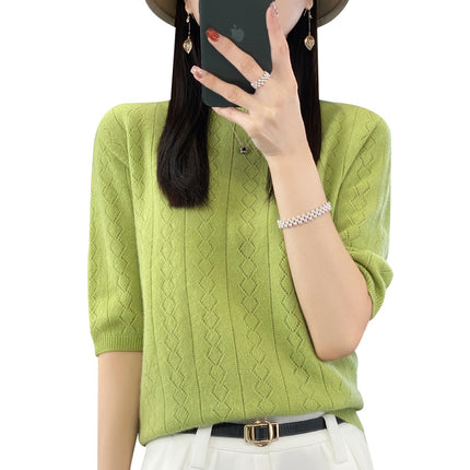 23 woolen sweater women's round neck short sleeve knitted bottoming shirt half sleeve hollow-out design top wholesale