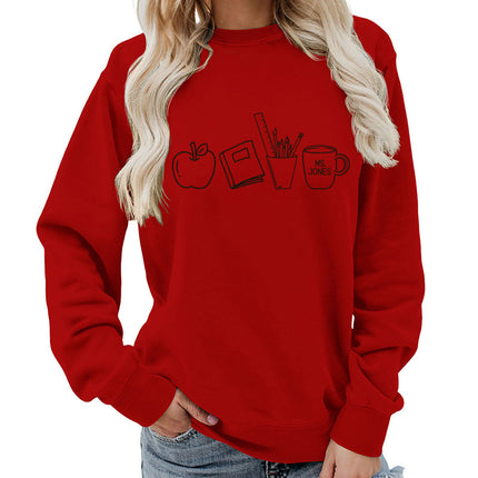 Apple Books Tea Cup Pencil Printing Crewneck Women's Top Sweatshirt Foreign Trade Supply Autumn and Winter Coat Casual Loose