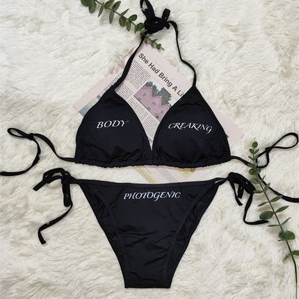 European and American Export Swimsuit Pure Color Bikini Two-Piece Sexy Beach Bikini Female Black Letter Simple Female