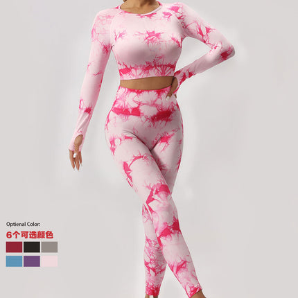 European and American Cross-border Seamless Tie-dyeing Fitness Sports Long Sleeve High Waist Peach Belly Tight Pants Yoga Sports suit