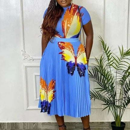 Q067 European and American Women's 2022 New Fashion Printed Top Pleated High Waist Skirt Set Foreign Trade Two-piece Set