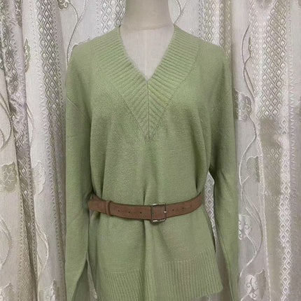 Ruohan with light green V-neck long sleeve sweater women's 2025 new design feeling lazy wind loose sweater