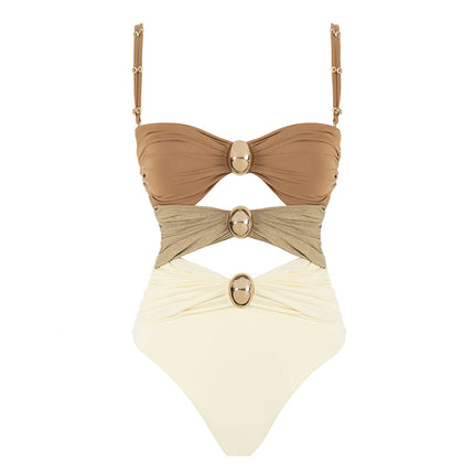 2024 European and American Amazon Aliexpress One-piece Swimsuit Gold Button Color Matching Three-color Sexy Swimsuit Suit for Women