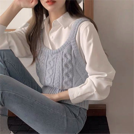 Autumn 2024 Short Japanese Twist Knitted Vest Long-sleeved Shirt Stacked on Instagram Style Two-piece Set