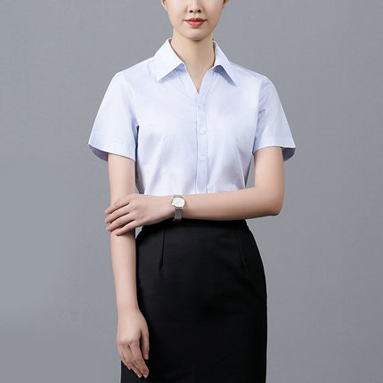 Blue Stripesd Shirt Women's Short-Sleeved Slim Hotel Front Desk Work Clothes Professional Shirt Elegant Workwear Embroidered Logo