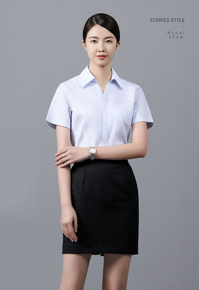 Blue Stripesd Shirt Women's Short-Sleeved Slim Hotel Front Desk Work Clothes Professional Shirt Elegant Workwear Embroidered Logo