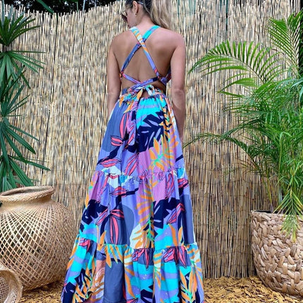 2025 Cross-Border Spring and Summer New European and American Fashion Printed Sexy Dress Suspender Deep V Sleeveless Backless Long Skirt