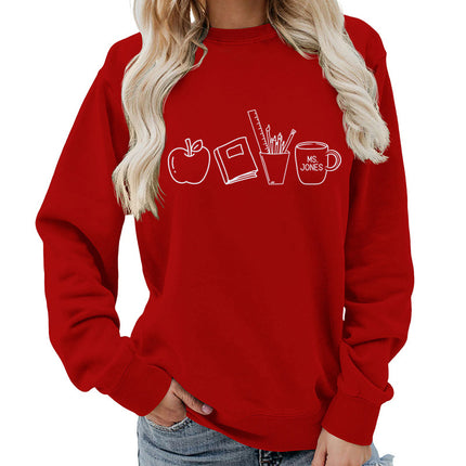 Apple Books Tea Cup Pencil Printing Crewneck Women's Top Sweatshirt Foreign Trade Supply Autumn and Winter Coat Casual Loose