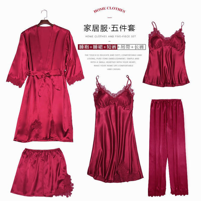 High-quality boutique with chest pad autumn and winter summer sexy simulation silk pajamas five-piece set Korean-style sling women's nightgown