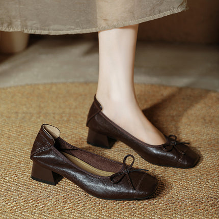 Retro Soft Goatskin Bow Round-Toe Flats for Women, Spring & Fall Bean Shoes, Ballet Thick Heels, Medium Heels, Soft-Soled Granny Shoes