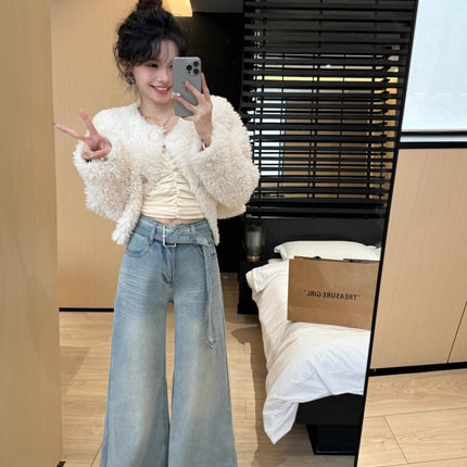 Spring 2025 New Arrival High Waist Fashionable Stretch Wide Leg Jeans Women's Retro Loose Slim-fit No-leg Mop Pants