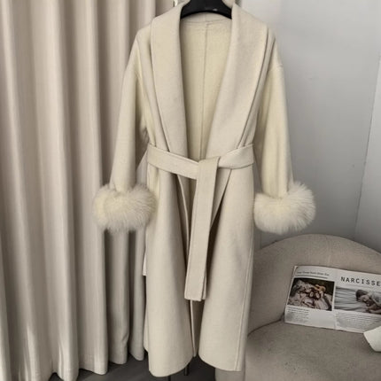 Explosive in stock Autumn and Winter Women's High-end Double-sided Wool Coat Women's Mid-length Removable Real Fox Hair Cuff