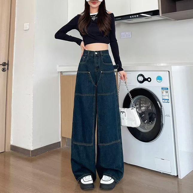 Real shot retro wide leg jeans women's early autumn 2024 new high waist loose drape straight tube mop pants