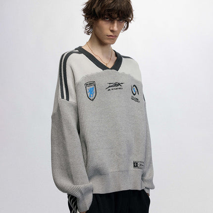 # OVDY Fall/Winter New Sweater Men's Looser Hand Brush Silk Screen Jacquard Street Tide Rovers V-Neck Knitted Shirt