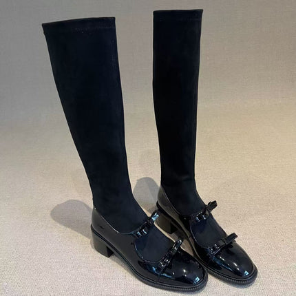 Chengdu Style ~ Small Fragrant Bow Thick Heel Short Boots for Women 2025 New High Heel Slim Boots Elastic High Boots