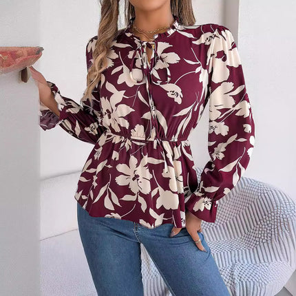 Real Shot of the 2026 Spring/Summer New Casual Floral Lace-Up Long-Sleeve Chiffon Blouse Amazon Cross-Border Women's Clothing