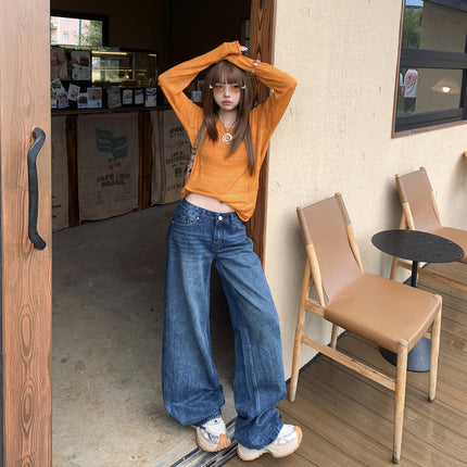 2025 Retro Loose Low-Waist Wide-Leg Pants Autumn and Winter New Style Slimming and Taller Straight-Leg Floor-Length Jeans Trendy