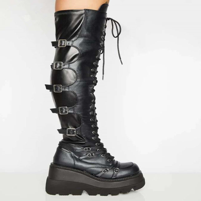 2021 new cross-border European and American plus size casual high boots Women's wedge lace-up belt buckle over-the-knee boots in stock