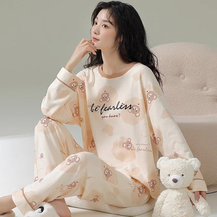 Factory wholesale live fashion spring and autumn cotton pajamas women's cute simple wind long sleeve trousers home clothes suit