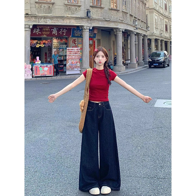 Dark Blue Wide-Leg Jeans for Women, Summer New High-Waisted Slimming Loose Wide-Leg Drape Floor-Length Pants Trendy