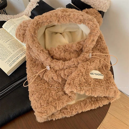 Korean Cute Plush Ear Protection Three-In-One Women's Thickeneded Mask Scarf All-In-One Cycling Warm Winter Bear Hat