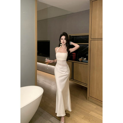 2025 Cross-Border Sexy Dress Mesh Satin Splicing Dress New Design Waist Slimming Hip Skirt