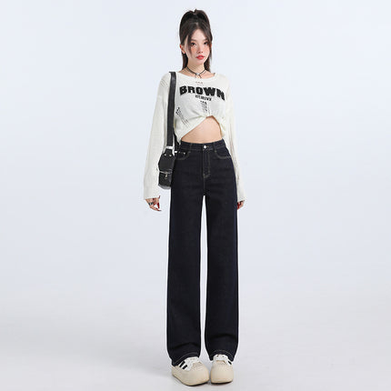 Korean-style Casual Tannin Blue High-waist Straight Pants 2025 Spring New All-match Stretch Slim-fit Jeans for Women