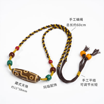 Natural Yellow Nine-Eyed Dzi Bead Necklace, Taiwanese Agate Pendant, Men's and Women's Couple's Braided Necklace, Ready for Sale