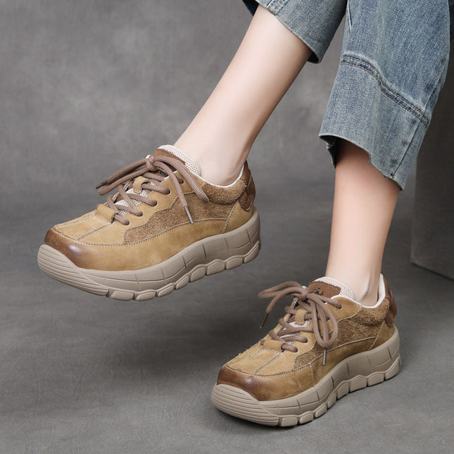 Jishu 25 Autumn New Style Genuine Leather Comfortable Thick-Soled Lightweight Casual Shoes Women's First-Layer Cowhide Lace-Up Mid-Heel Handmade Shoes