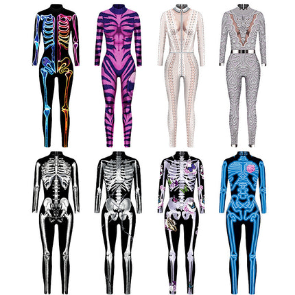 Cross-border popular skeleton ghost clothing 3D digital printing Halloween cosplay play clothing women's tight jumpsuit